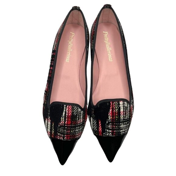 NWOT PRETTY BALLERINAS CAMILLE WOOL PLAID PATENT LEATHER POINTED TOE FLATS - 37 - Picture 4 of 11